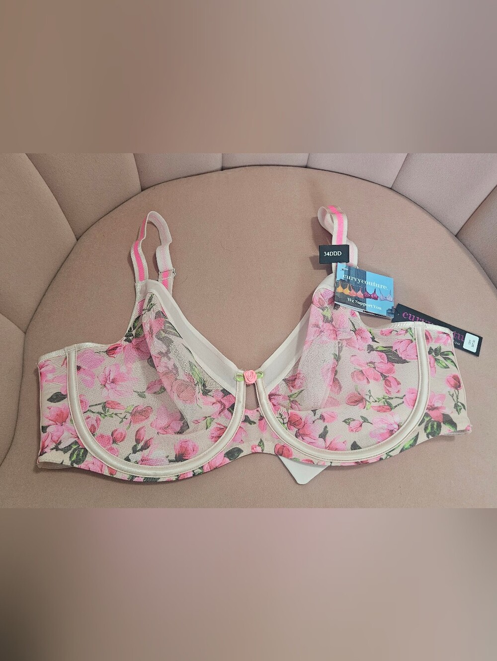 Sheer Floral Underwire Bra - Pink Rose